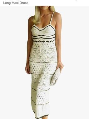 Commense Cream Knit Spaghetti Strap Maxi Dress with Black Trim